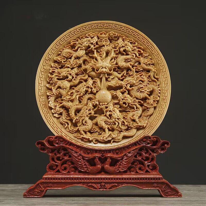 Wood Carving Dragon and Phoenix Round Carving Art Statue Mascot High Quality Home Room, Office Decoration Accessories