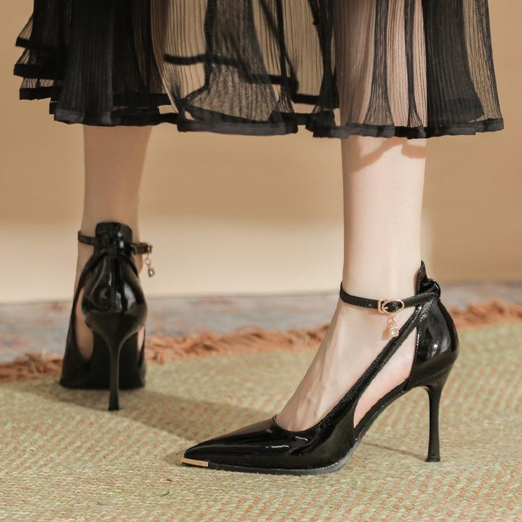 Heels for Ladies Thin Heel Pointed Metal Toe High Heels Women's Hollow Solid Color Patent Leather Commuter Work Shoes Women