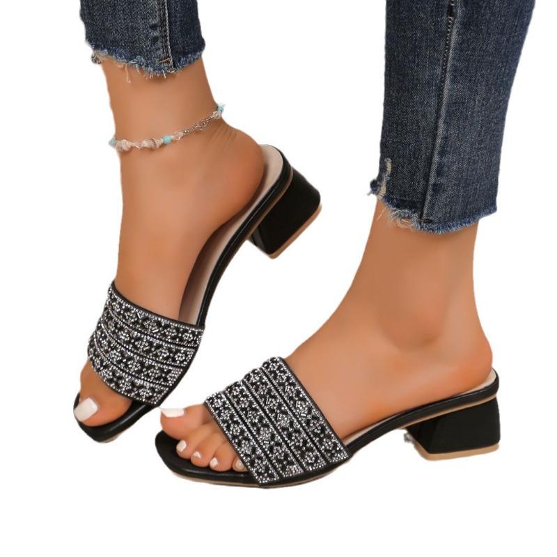 Women's European American Fashion One Strap Rhinestone High Heel Chunky Heel Slide Sandals
