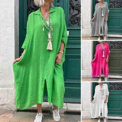 Rochie de vară pentru femei, cu decolteu în V, cu tiv despicat, mâneci trei sferturi, largi, mărime, culoare uni, moale, respirabil, lungime la jumătatea gambei, ocazională, zilnic, rochie midi