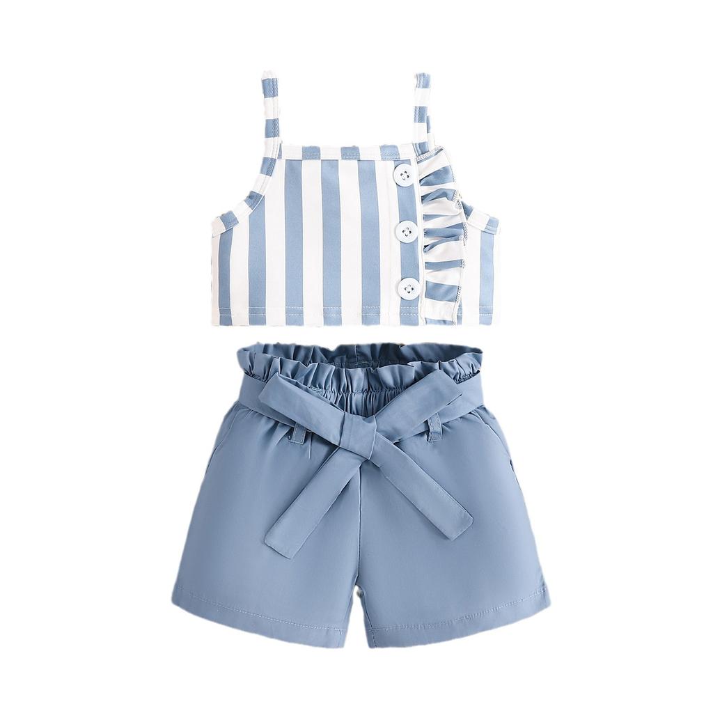 Girls' Casual Set Summer Children's Blue and White Striped Strappy Shorts