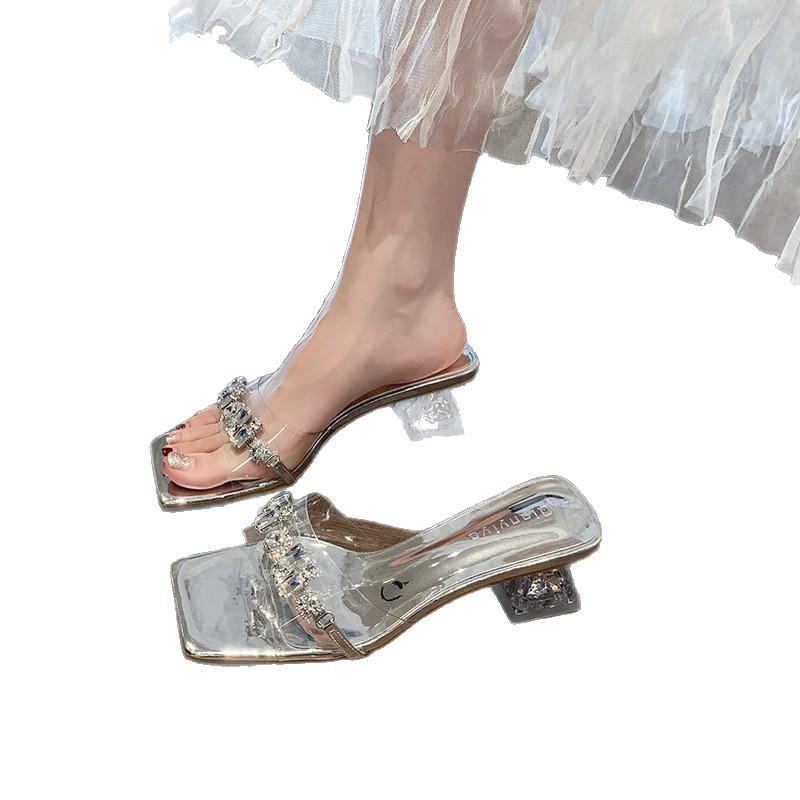 2025 Summer New Fashion Transparent Crystal and One-word Temperament Rhinestone Versatile Fashion High-heeled Cool Slippers
