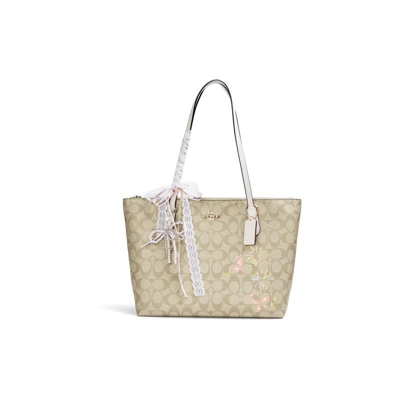 

COACH shoulder bag [Customized bag] Zip Top Tote Diemengyingyun Yiduo butterfly print lace pearl decoration fashion butterfly dream shadow rhyme білий