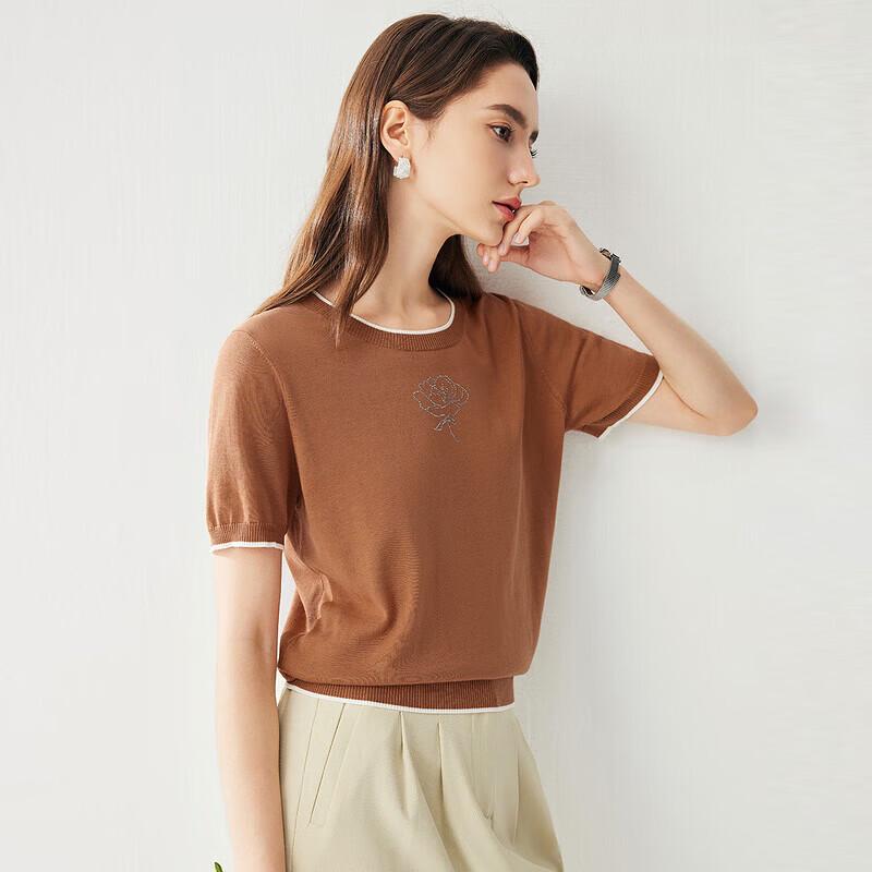 Zhaojun Women's Silk Blend Rhinestone Flower Short Sleeve Knit T-Shirt