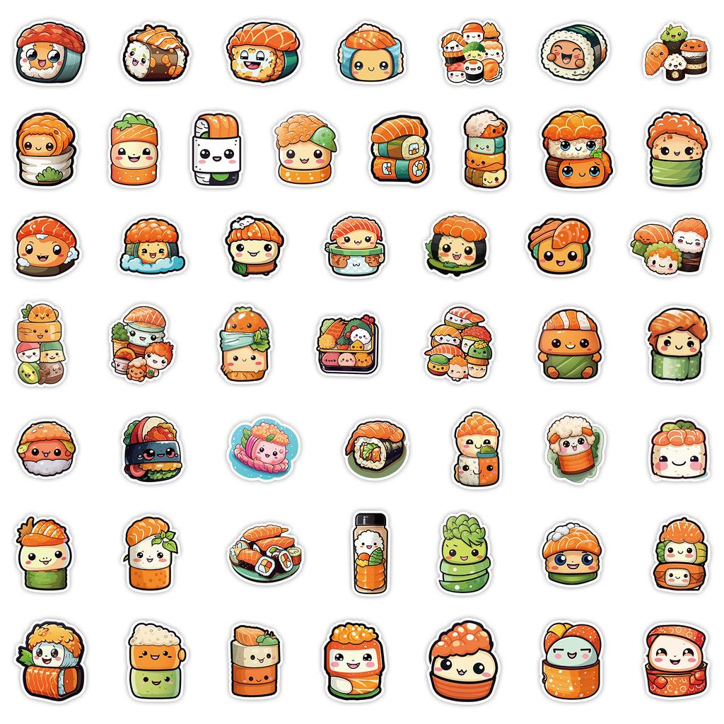 50 Kawaii Sushi Graffiti Stickers Car Mobile Phone Skateboard Decoration Stickers Waterproof Creative Children's Cartoon Stickers