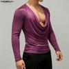 INCERUN Men Deep Swing Neck Long Sleeve Patchwork Casual Party Shirts Tops