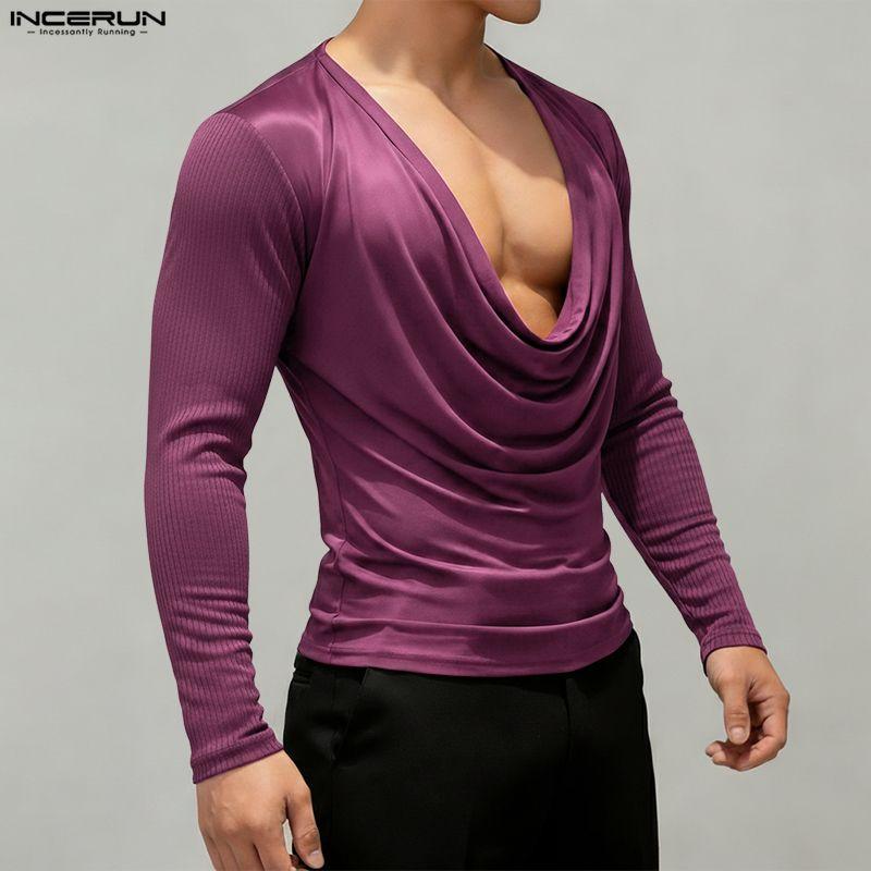 INCERUN Men Deep Swing Neck Long Sleeve Patchwork Casual Party Shirts Tops
