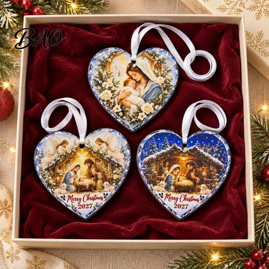 Heart Shaped Nativity Pendants Wooden Hanging Ornament for Christmas Tree Decorations, Retro Religious Ornaments Scene Garland Decoration Holiday Home