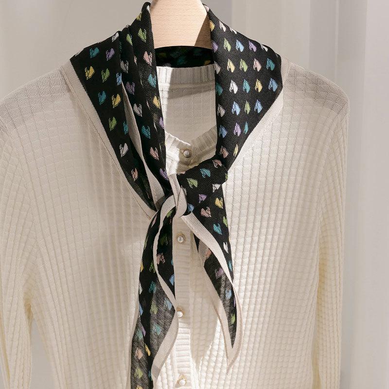 Original double-sided printed silk rhombus silk scarf, small strip printing, spring and autumn versatile black love silk scarf