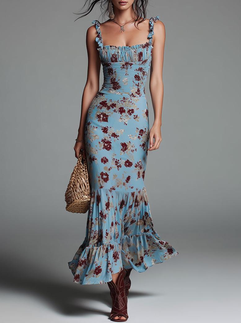New summer sexy print long sleeveless suspender bohemian dress S