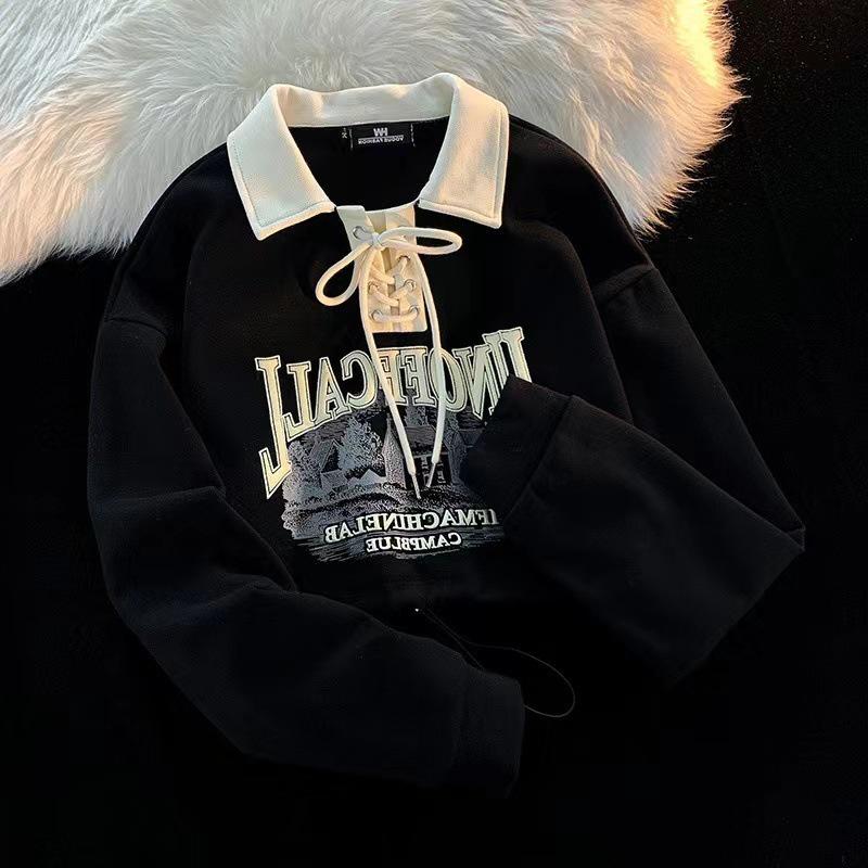 Dámská mikina slim-fit s retro barevným blokováním na šněrování s polokošilí, dlouhý rukáv, korejský styl na jaro/podzim