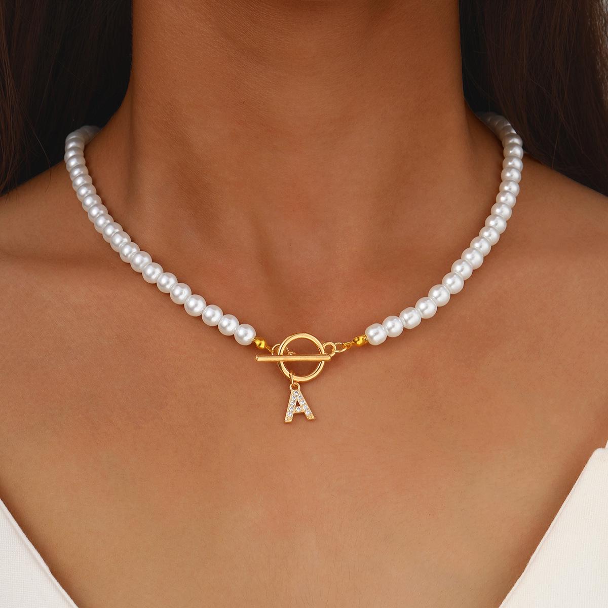 

Pearl Chain Necklace with Rhinestone Letter Pendant & OT Buckle