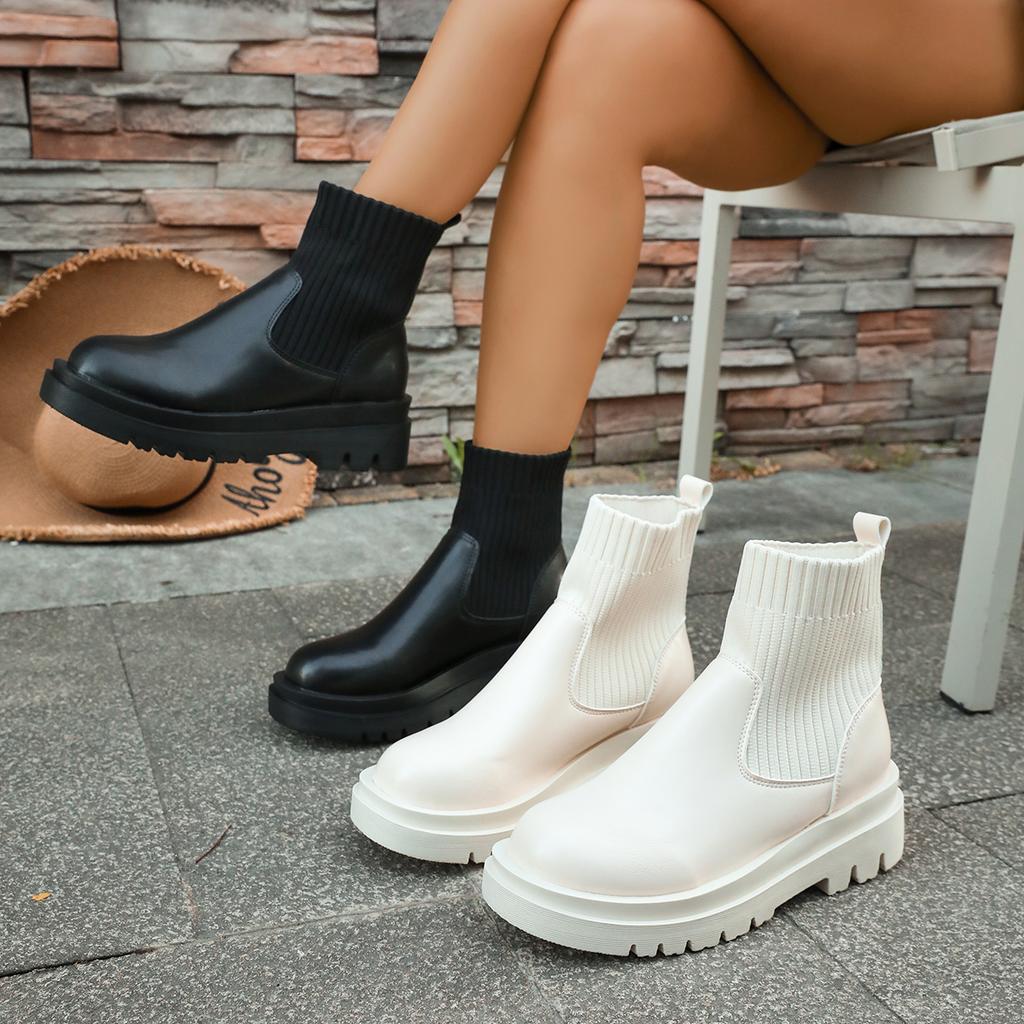 Women Boots 2025 Autumn Winter Women Chelsea Boots Female Outdoor Leather Ankle Boots Knitted Sexy Platform Shoes Ladies