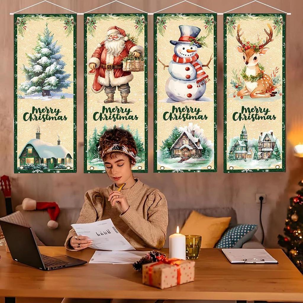 4Pcs Christmas Banners Porch Signs Decor Xmas Hanging Banner Backdrop Decorations Christmas Tree Santa Snowman Elk Hanging