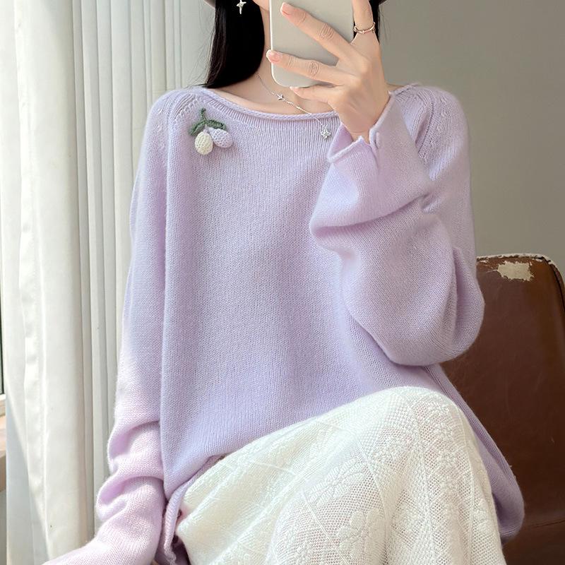 2026 Autumn/Winter Pure Wool Embroidered Round Neck Loose Sweater
