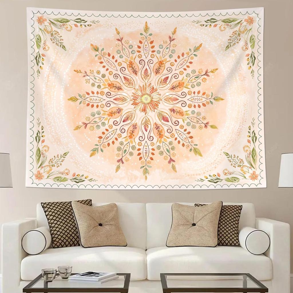 Boho Floral Mandala Tapestry for Bedroom Bohemian Flower Wall Tapestry Aesthetic Large Watercolor Pink Beige Hippie Indian