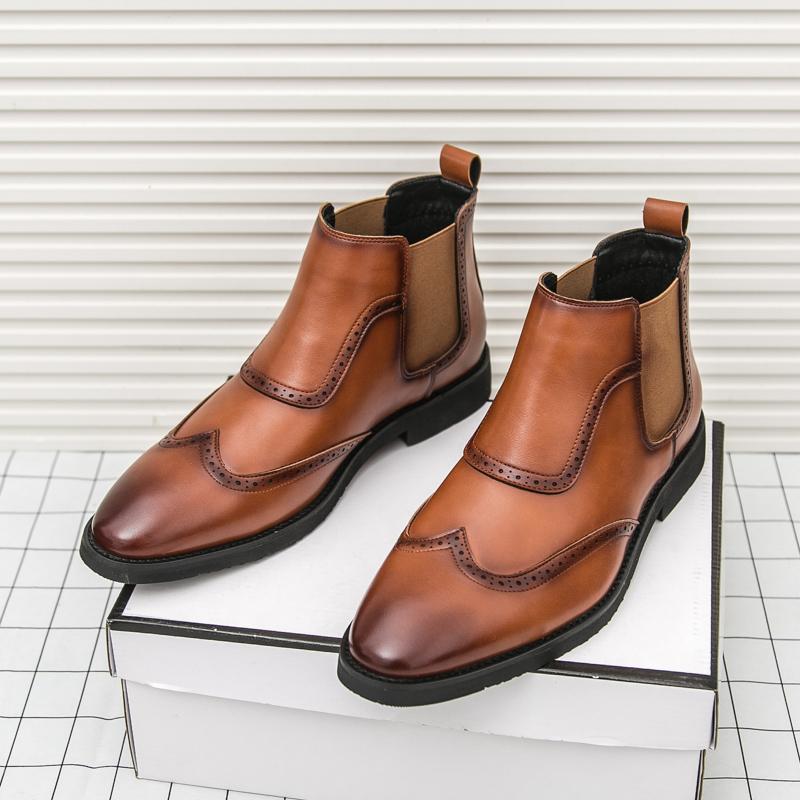 New Brand Designer Winter Pointed Leather Chelsea Brogues Ankle Boots For Men's  High Tops Black Brown Shoes Zapatos Hombre