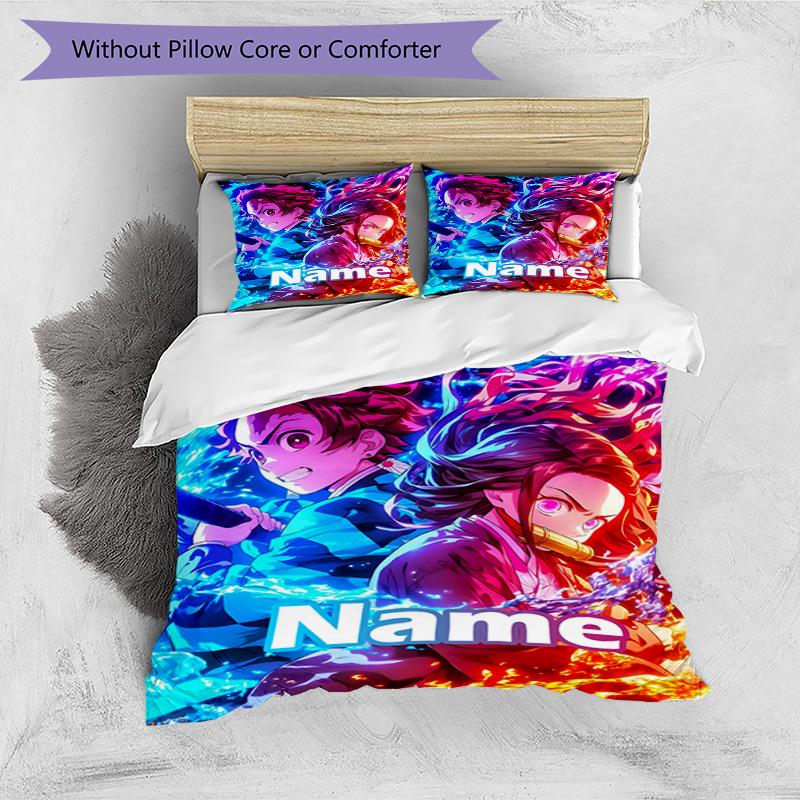 Set cuvertură de pilota 3 buc (1 * Husă de pilota + 2 * Față de pernă, Fără Miez), Set de așternut personalizat cu nume și model Demon Slayer, Cadou pentru Decorarea Dormitorului de Acasă