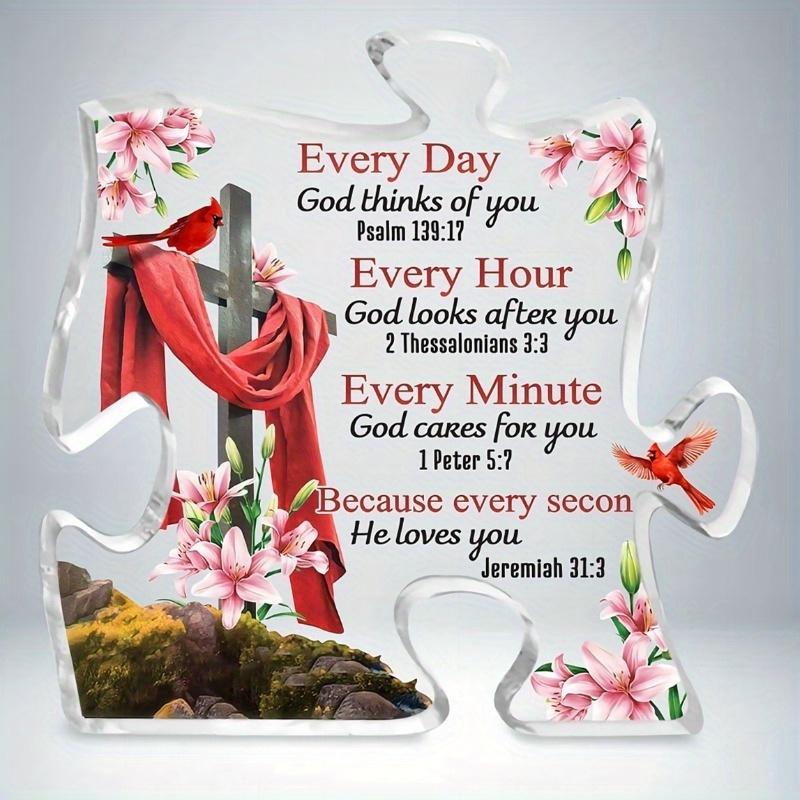 

Christian Gift with Cardinal Bird, Cross & Floral Bible Verses - Puzzle-Shaped Acrylic Sign Featuring Scriptures Like Psalm 139:17, Jeremiah 31 10*10cm