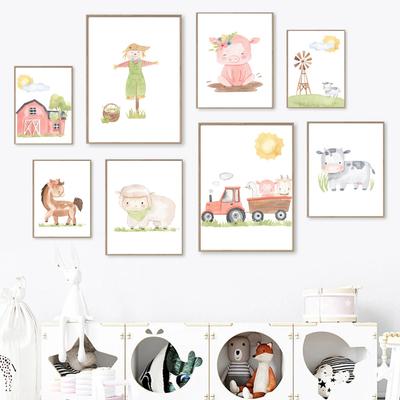 Farm Animal Poster Scarecrow Hen Lamb Horse Pig Goose Cow Nursery Wall Art Print Canvas Painting Wall Picture Kids Bedroom Decor