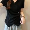 Plus Size Irregular V-Neck Short Sleeve T-Shirt for Women - Summer Waist-Slimming Body Cover Top