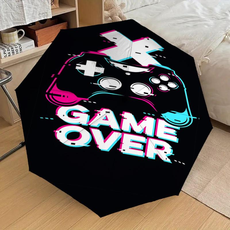 Game Over Video Game Controller Glitch Effect Automatic Opening Folding Umbrella with 8-Bone Iron Frame - Portable Design for Outdoor Use, F