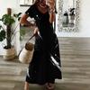 Women Plus Size V Neck Short Sleeve Black Printed Straight Maxi Dress