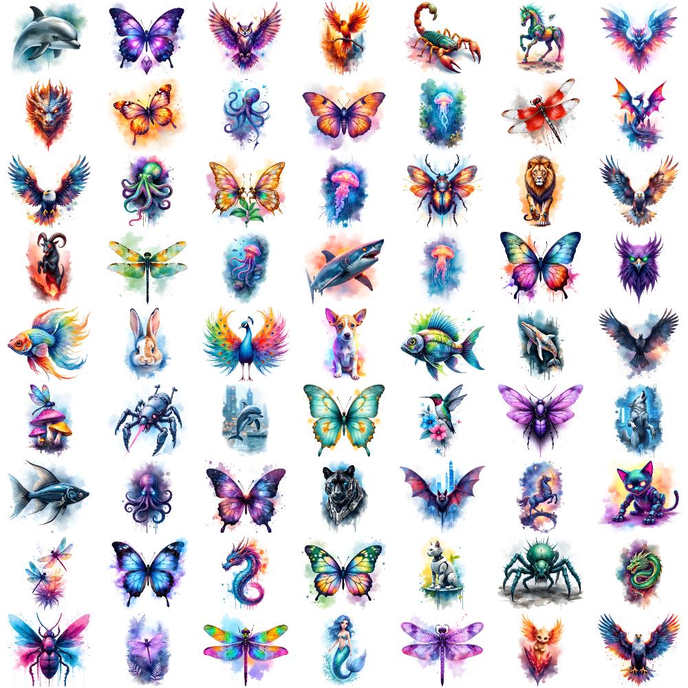 

63pcs Temporary Tattoo Mermaid Illustration Waterproof Long-lasting Body Stickers Dragonfly Motif Butterfly Design For Ladies