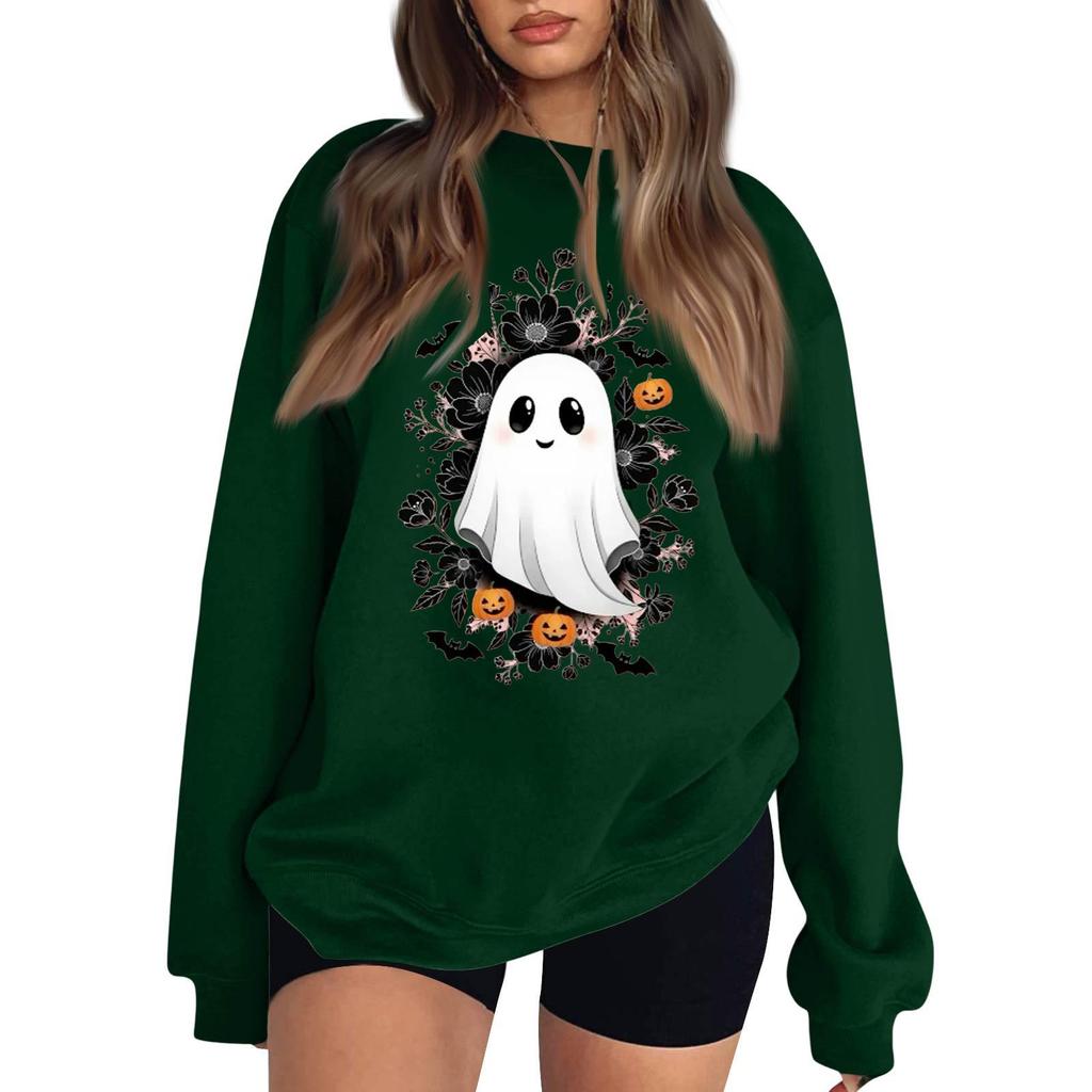 Women's Comfortable Casual Sweatshirt with Long Sleeve, Round Neck, Loose Fit, Small Halloween Print and Color Options