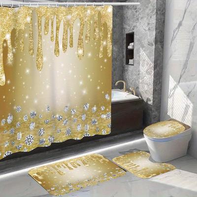 1/4 pièces Ensemble de rideau de douche floral doré luxueux imperméable Ensemble de salle de bain décoratif Tapis antidérapant Couvercle de toilette Tapis de bain et 12 crochets