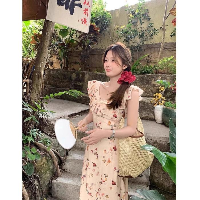

Coffee break French gentle wind small flying sleeves butterfly print dress women s summer temperament beautiful lotus leaf edge long skirt S