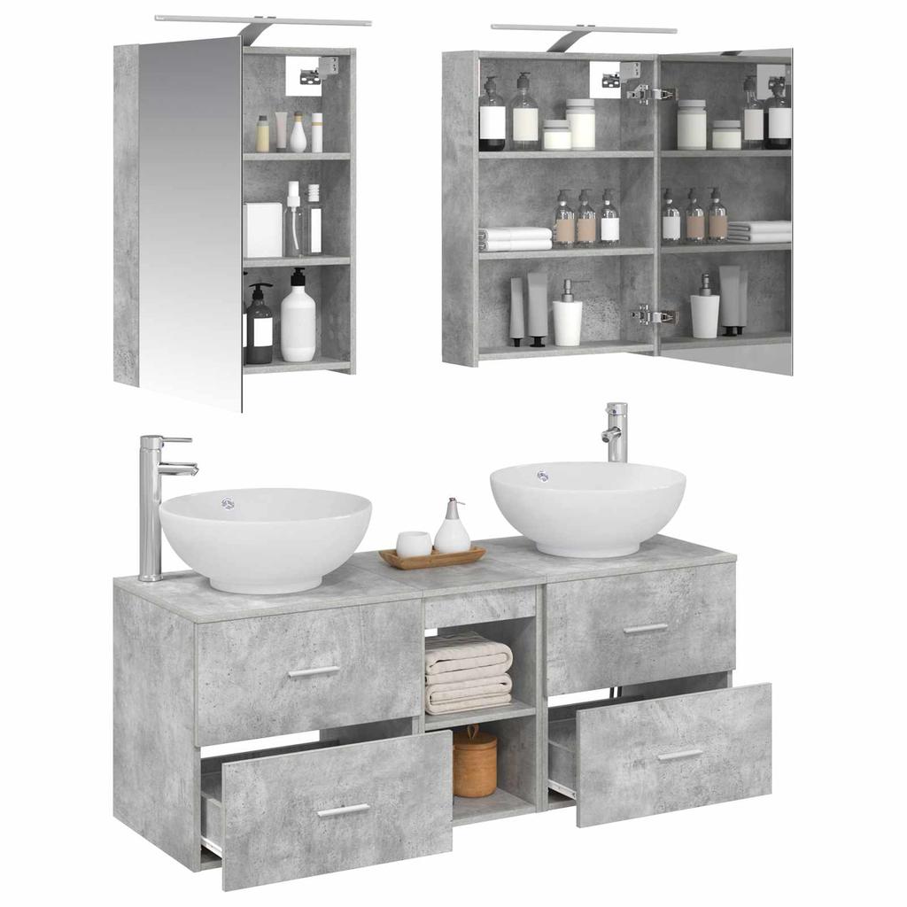 5 Piece Bathroom Furniture Set in Concrete Grey Engineered Wood and Glass