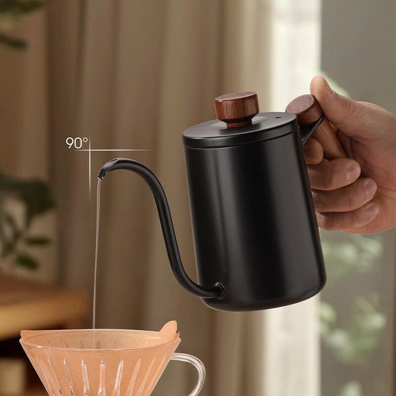 CLITON 304 Stainless Steel Pour-Over Coffee Maker with Wooden Handle, Travel Office Home Use Long Spout Thin Mouth Coffee Pot with Lid
