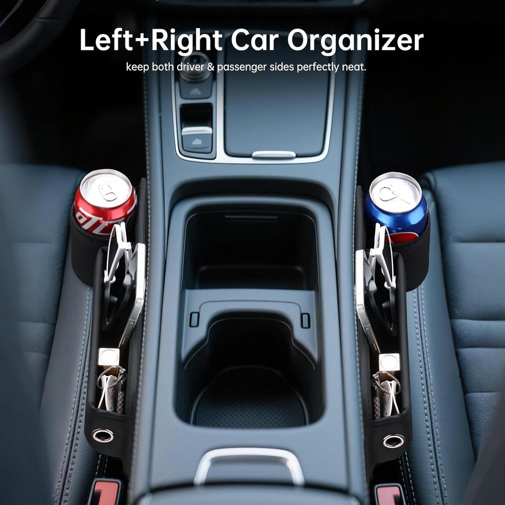 2 Packs Car Seat Filler Organizer, Leather Car Seat Oganizer With Cup Holder,Car Storage Accessories For Phone,Sunglasses,Keys, Universal Fit For