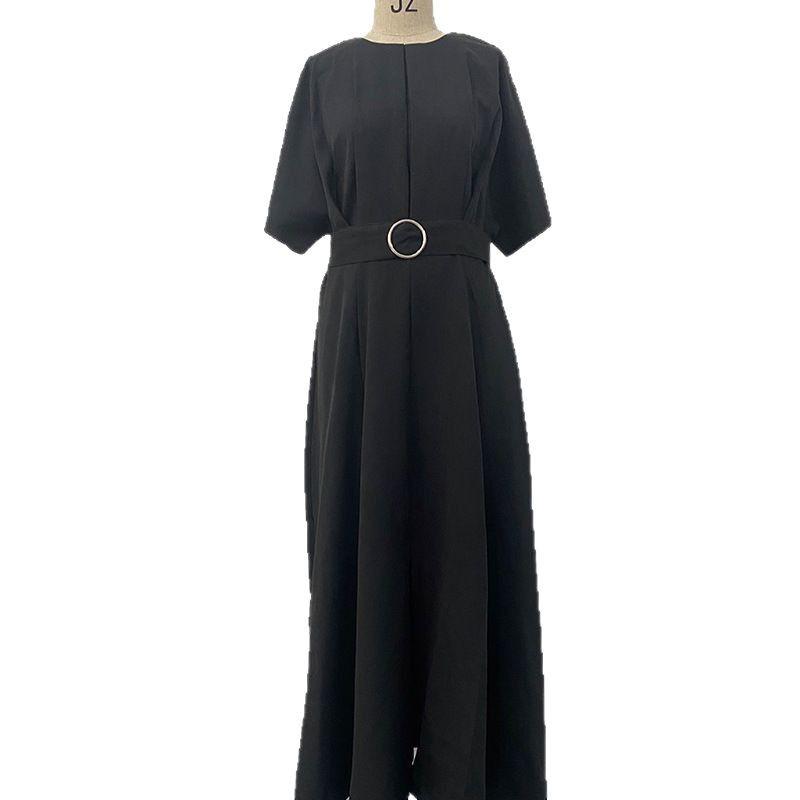 Women's Solid Color Fashionable Round Neck Short Sleeved Dress with Waist Belt and Slim Fit Long Skirt