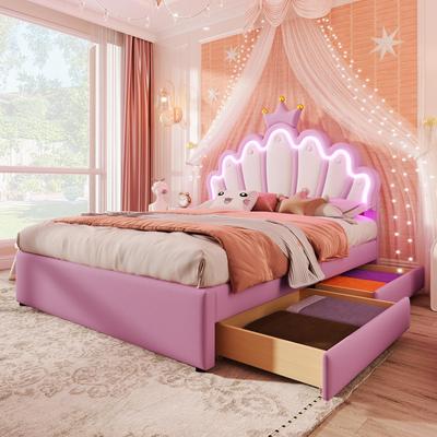Children's Bed 140x200 Girls Crown Single Bed with Adjustable Headboard, LED Strip, Slatted Frame and 2 Drawers, PU Leather  (without Mattress), Pink