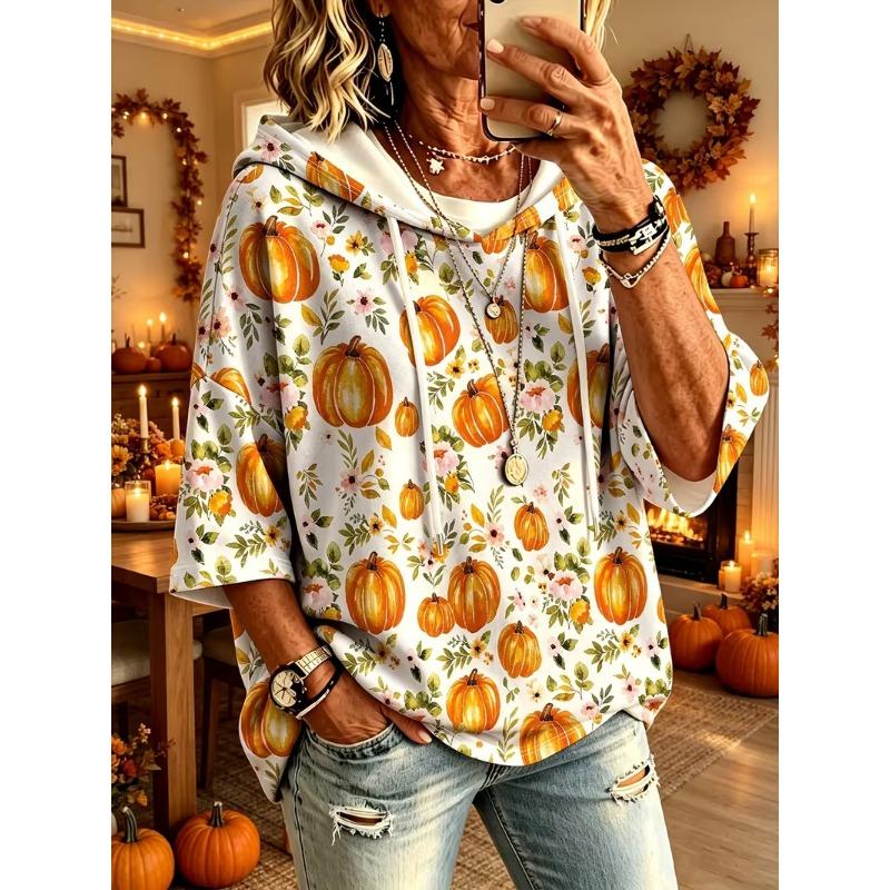 Women Three‑Quarter Sleeves Loose Hoodie Retro Floral Casual Vacation Top
