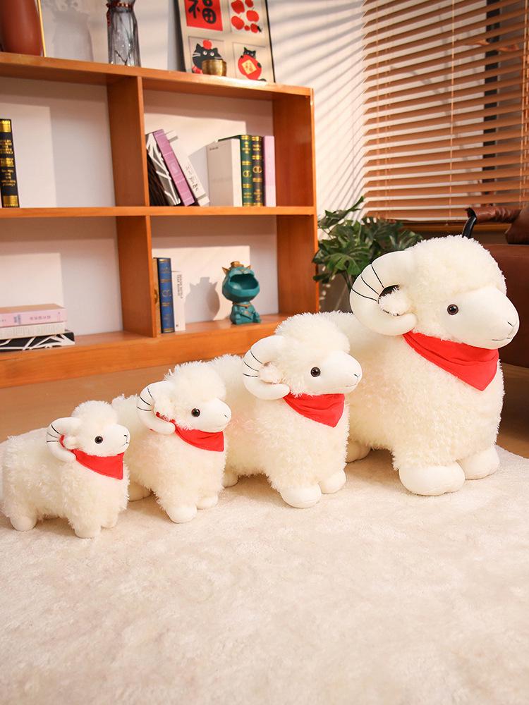 Christmas Red Scarf Big Horn Sheep Plush Doll Ornament 18cm 0.12kg