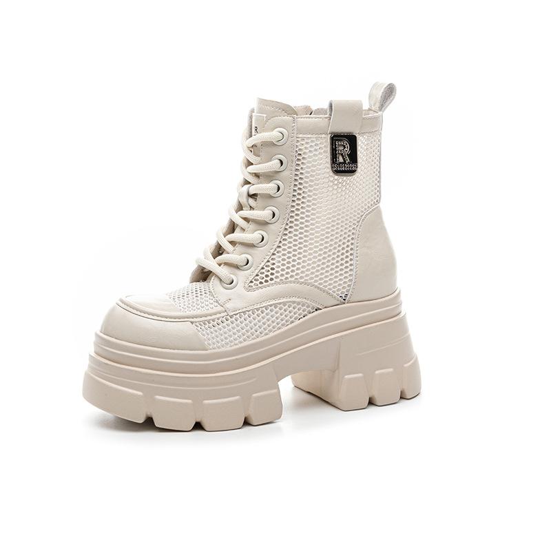 Women's Summer Hollow-Out Leather Boots: British-Style High-Platform Thick-Soled Cool Footwear, Mesh-Trimmed Women's Sandal-Boots