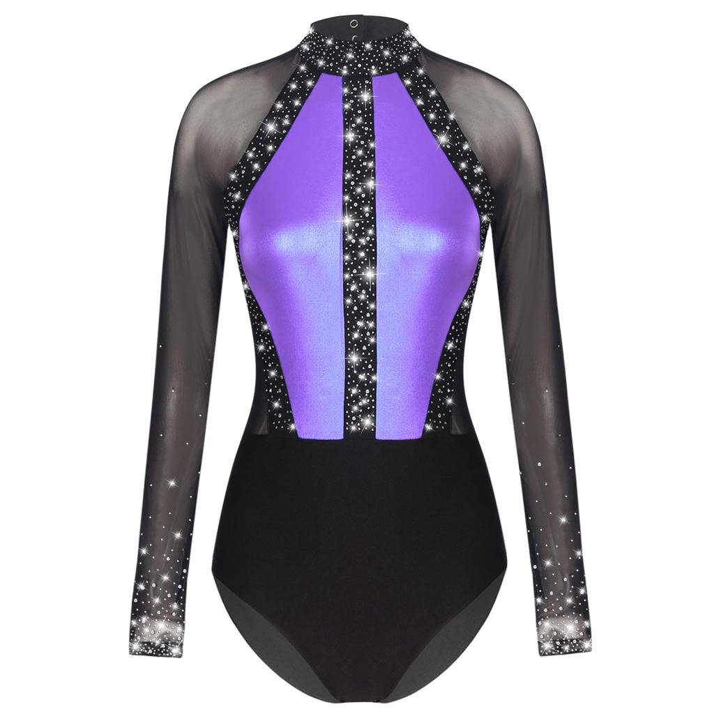 Womens Figure Skating Bodysuit Color Block Patchwork Keyhole Back Sheer Mesh Long Sleeve Rhinestone Leotard