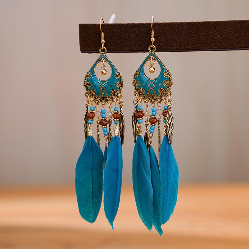Bohemian Long Feather Drop Dangle Earrings For Women Beaded Handmade Carved Heart Enameled Earrings Boho Vintage Indian Zircon