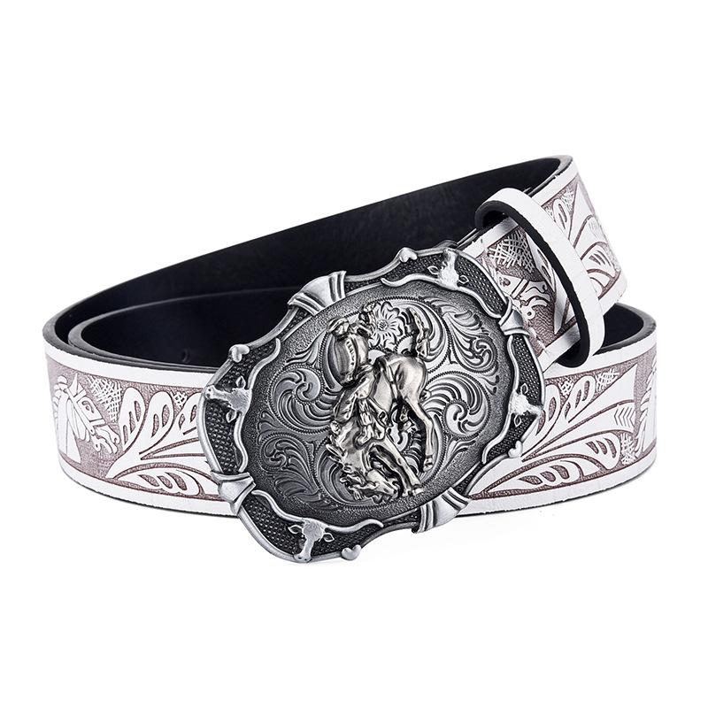 American Western Denim Vintage Carved Buckle Belt Men And Women Animal Pattern Belt Men'S Personality Ethnic Style