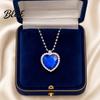 Blue Gemstone Pendant Heart Necklace Faux Diamond Sparkly Romantic Light-reflecting