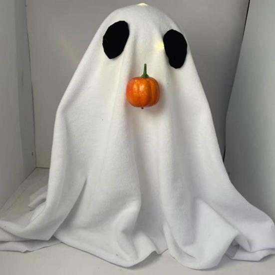 Halloween Lighted White Ghost Spooky LED Light-Up Velvet Cloth Ghost with Pumpkin for Holiday Home Kitchen Fireplace Tabletop Decor