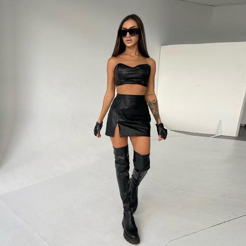 Damen Sexy High Waist Slim Schlitzrock Set