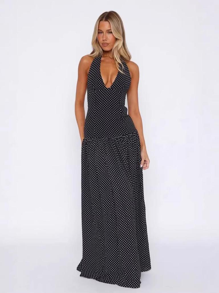 2026 Summer Polka Dot Backless V-neck Dress with Slit and Cinched Waist for Women