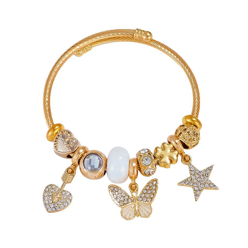 Wind Theme Diamond Heart Beaded Bracelet with Butterfly and Star Charms Stainless Steel Bangle for Girls
