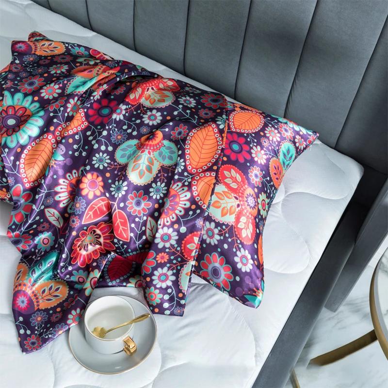 1 Pcs Silky Satin Body Pillow Case Long Bedding Pillow Cover Emulation Silk Floral Printing Pillowcase King Queen Size