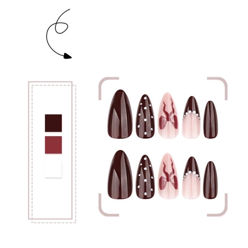 Almond Press On Nail Fake Nail Glossy Acrylic Artificial Nail Stick On Nail for Womens 24Pcs 12Sizes Glues On Nail