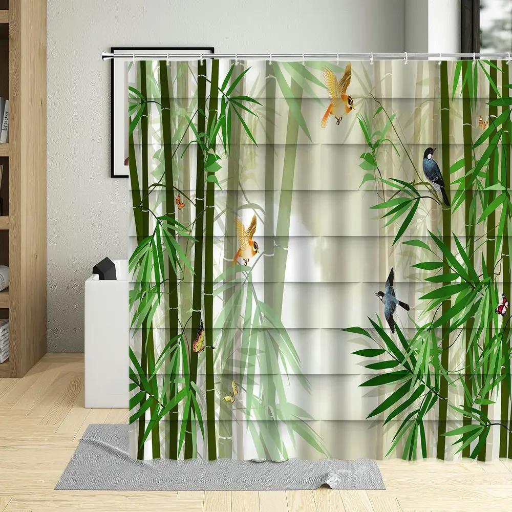Tenda da Doccia in Bambù Bagno Decorazioni per la Casa Piante Verdi Paesaggio Tende da Bagno con Ganci Tessuto Impermeabile in Poliestere Lavabile